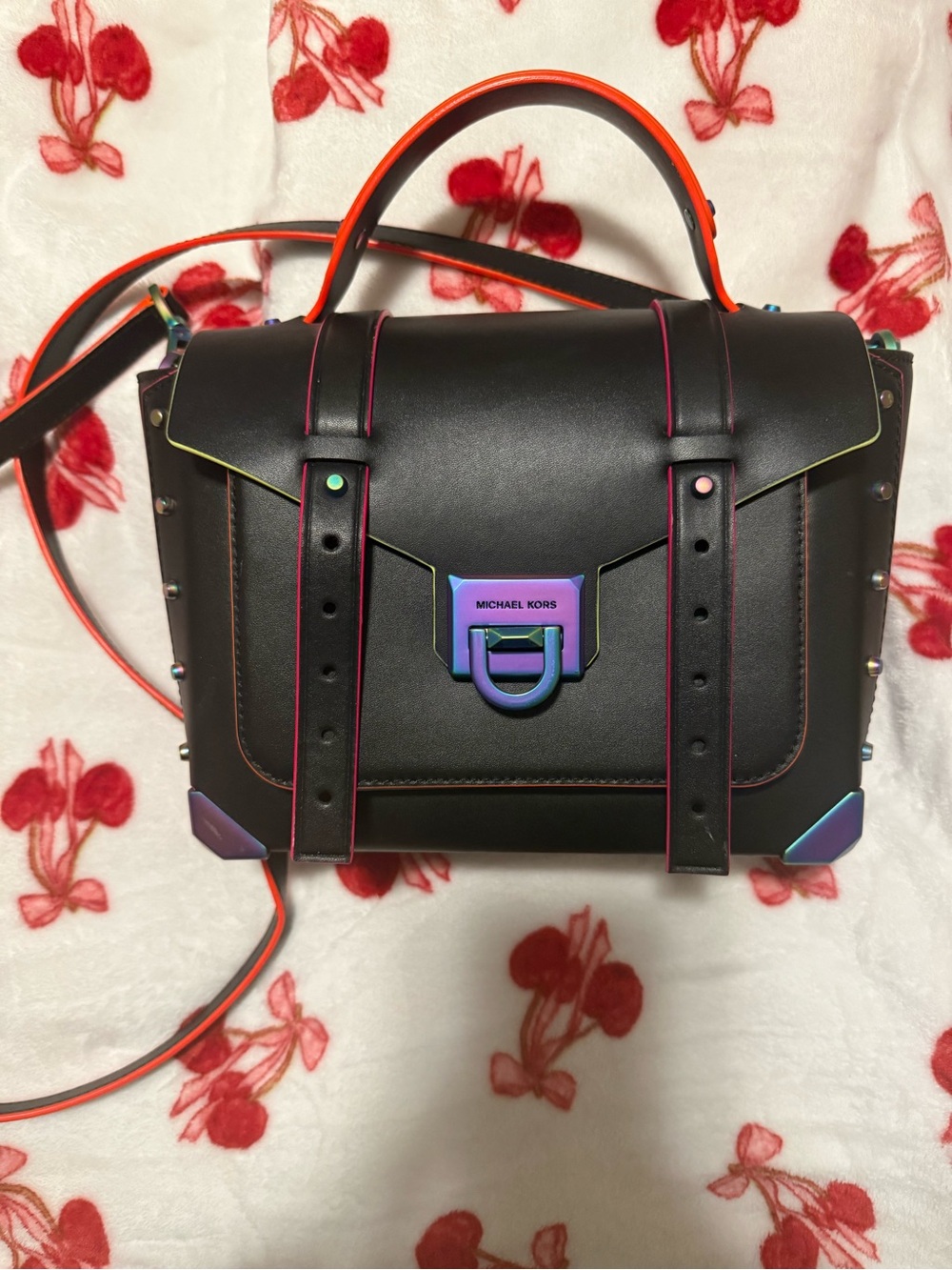 Michael Kors Black Leather Satchel with Neon Trim and Iridescent Hardware